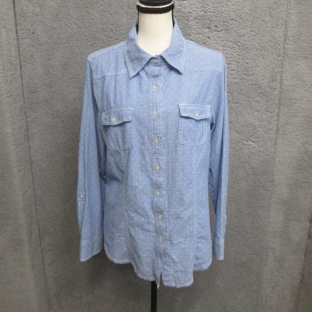 Hannah Chambray Polka Dot Shirt Women XL Blue Cotton Coastal Casual Lightweight